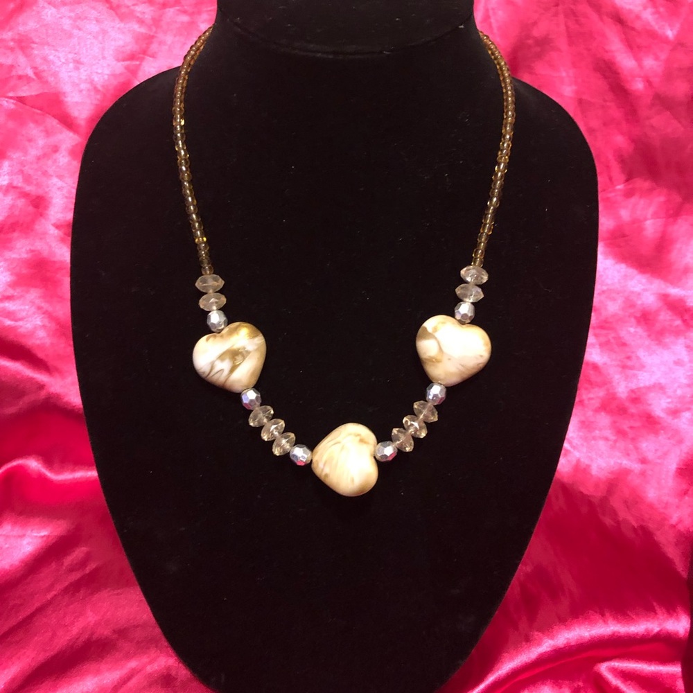 Beaded Faux Stone Heart Necklace Gold Veining on Hearts Valentines Day G…